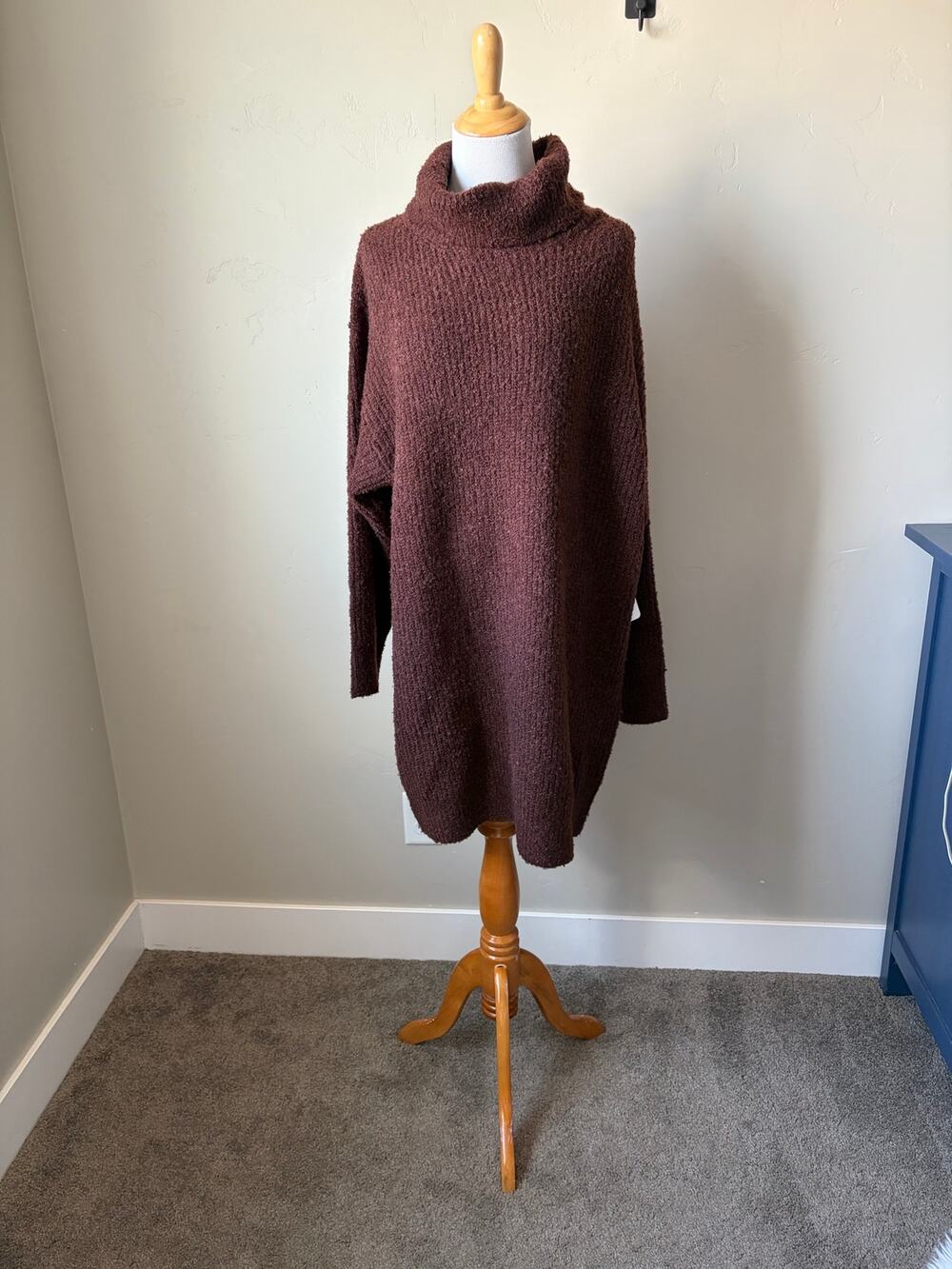 Mikarose Brown Turtleneck Sweater Dress Sz L Fluffy Soft Casual Office Career